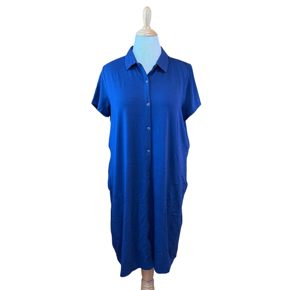 J. Jill Womens XL Blue Pima Cotton Modal Short Sleeve Button Front Shirt Dress